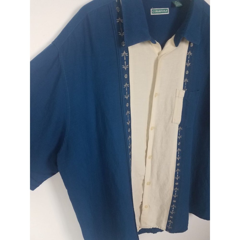 Cubavera Sz. 3x Blue & Ivory Linen Button Up Short Sleeve Embroidered Shirt - Picture 4 of 7